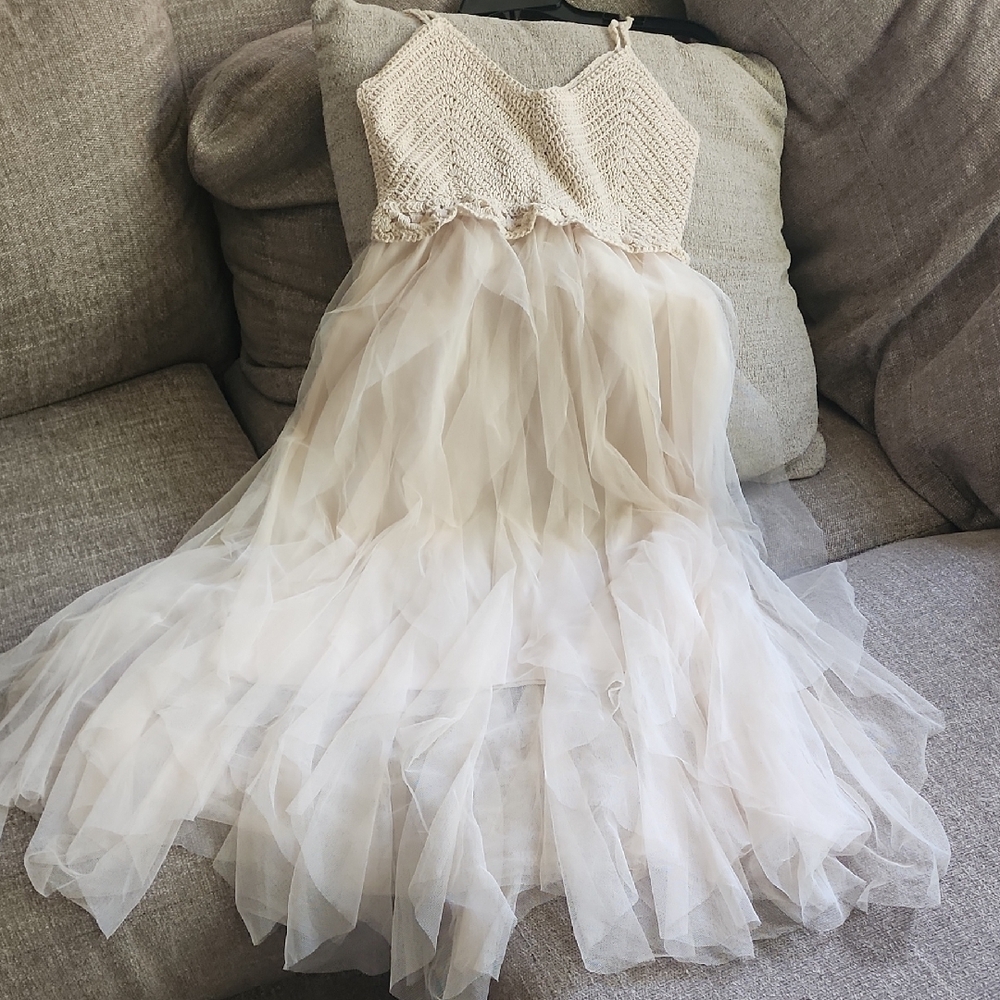 Lollita Cream Tulle Maxi Dress Crochet Bodice Boho Cottagecore Bridal Ethereal - Picture 8 of 15